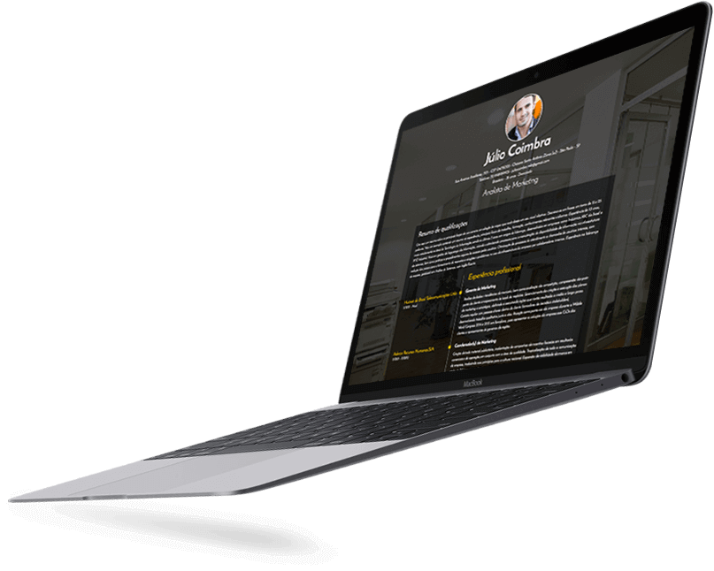 Meu Currículo Online exibido em MacBook — layout profissional sem distrações